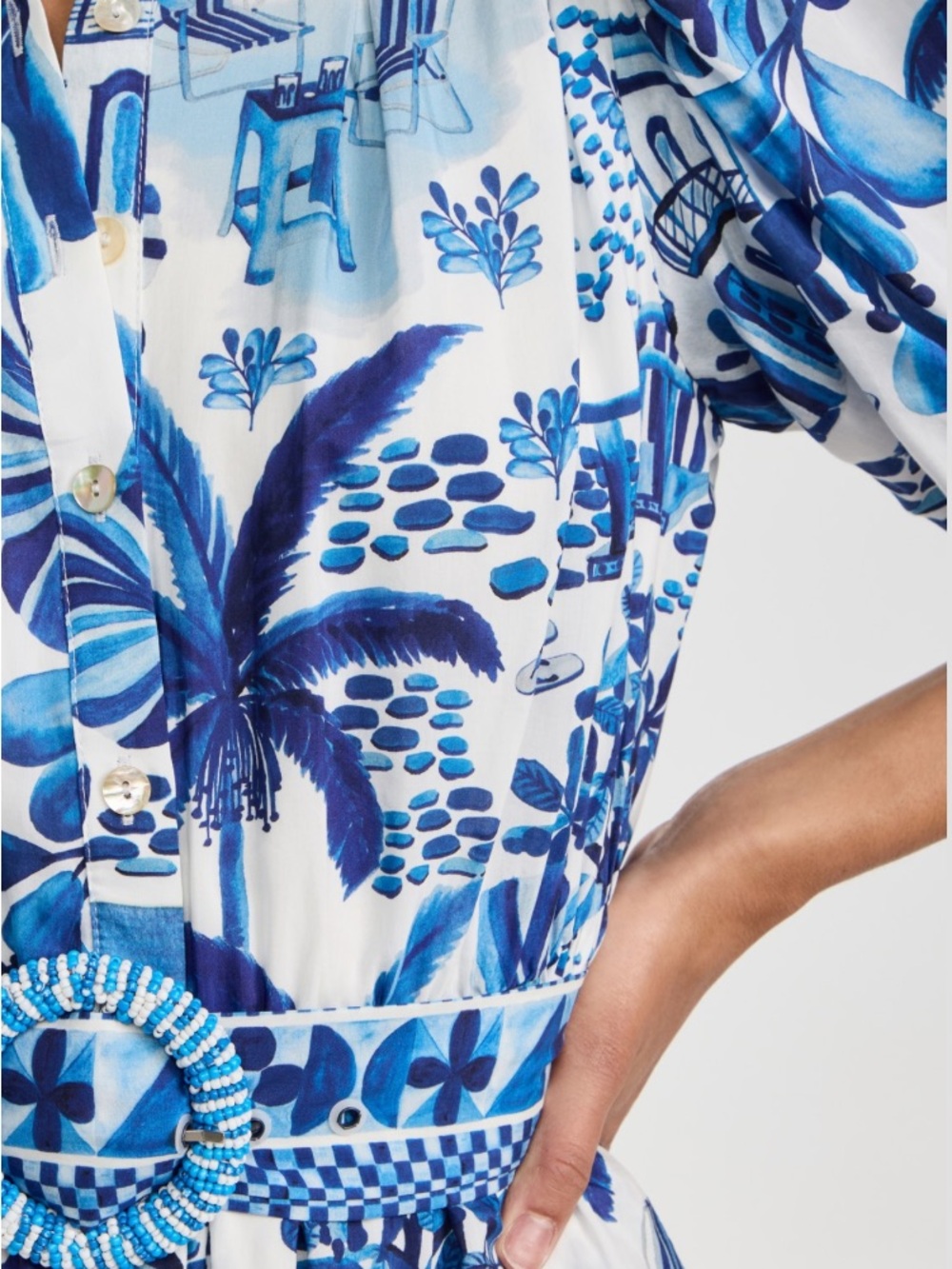 NEW FARM Rio Sweet Rio Mini Dress Tropical Beaded Belt Blue Off White Size L - Picture 7 of 16